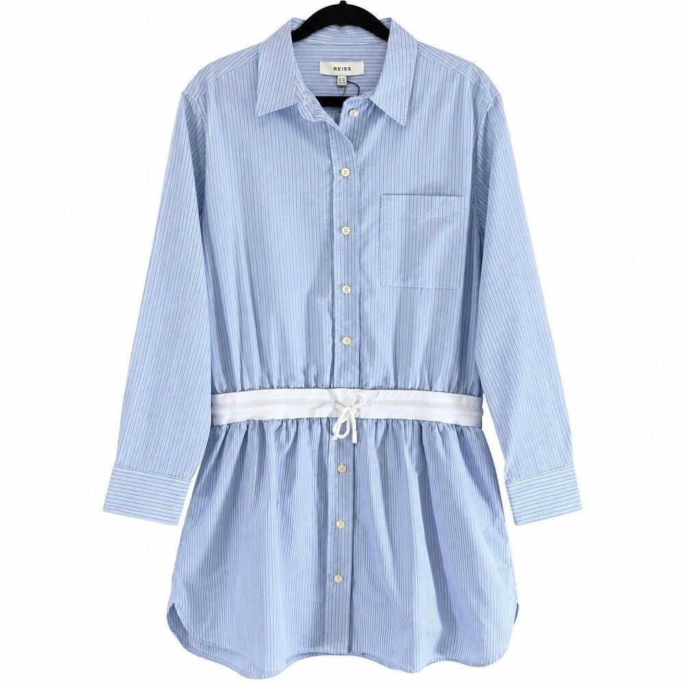 REISS Women’s Shirt Dress US 10 Blue White Pinstripe Drawstring Waist